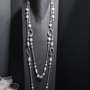 Handmade 1950s style long necklace with fine glass beads and crystals, Elegant white necklace, Multi-strand necklace, Long chain necklace