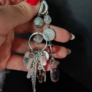 Mismatched earrings with rose quartz and zircon components, Asymmetric earrings with glass crystals, Modern pink and silver earrings