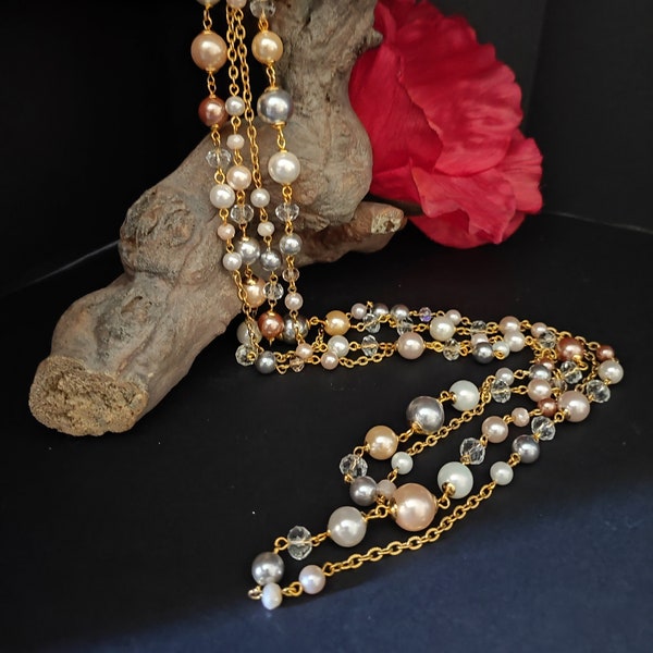 Collier long en couches de perles, collier fait main de style années 50 avec perles de Majorque, collier chaîne élégant, collier double rang avec perles