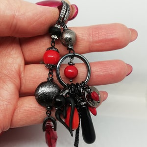 Mismatched earrings, Asymmetric earrings with Majorca pearls and crystals, Contemporary earrings, Long red and black earrings