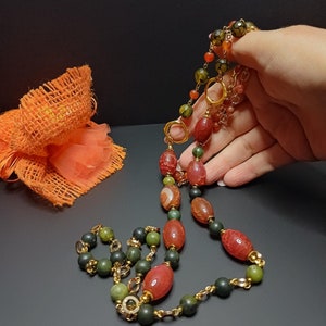 Long asymmetric necklace, Long chain necklace in ethnic style, Necklace with large agate stones, Red agate necklace, Boho style necklace