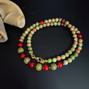 Men's Choker Necklace, Unakite and Coral Surfer Necklace, Men's Unakite and Coral Stone Necklace, Summer Men's Necklace, Surf necklace men