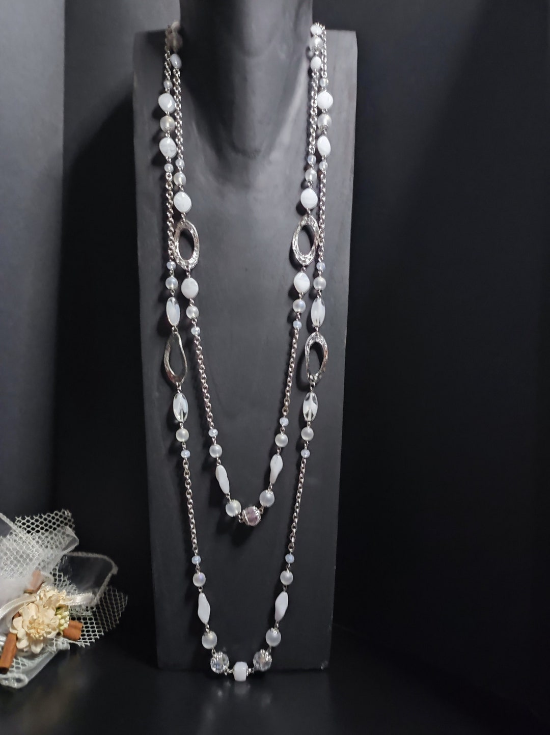 Handmade 1950s Style Long Necklace With Fine Glass Beads and Crystals