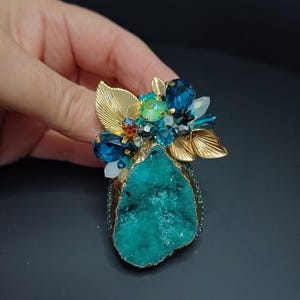 Gemstone art brooch,Floral brooch with raw stone, Handmade brooch with irregular natural stone and crystals, Teal and gold statement brooch