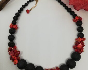 Collier En Argent 925 Avec Corail Rouge Naturel Et Obsidiennes Noires - Marque Bimonia - Neuf Avec étiquettes