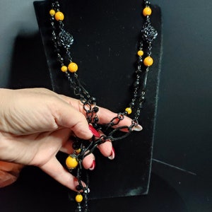 Black and Yellow Long Necklace, Black Onyx and Jade Necklace, Elegant Double Strand Necklace, Beaded Pearl Necklace, 50s Necklace