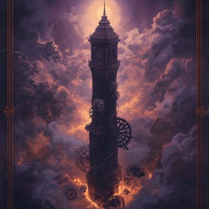 May include: An artistic digital illustration of a tall, dark clock tower with intricate gear details, set against a backdrop of swirling purple and orange clouds. The tower is framed by a decorative border, and a bright light emanates from behind it.