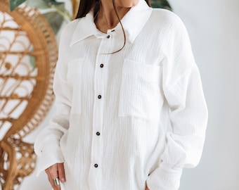 Oversized Button Up FLORENE Muslin Shirt for Woman, Loose Fitting Woman Organic Muslin Loungewear Pajama Top, 100% Cotton Muslin Fabric