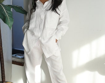 AUDREY - Leinen-Set / Hose mit hoher Taille, lockere Leinenhose und Leinen-Oversize-Shirt für Damen / Lounge-Set / Leinenkleidung