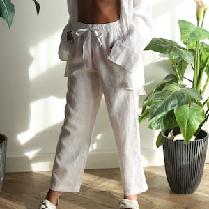 Audrey, High Waisted Linen Pants for Women, Tapered Trousers, Linen Pajamas with Pockets, Lounge Wear Summer Outfits in Pure Natural Linen image 1