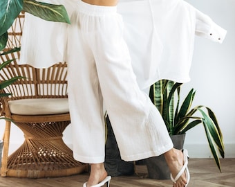 Loungewear Culotte FLORENE Hose mit weitem Bein und elastischem Bund für Damen, weiche, lässige Hose mit hoher Taille Sommer, XL – Violett