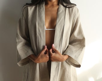 Premium-Set aus natürlichem Leinen / Leinenshorts mit hoher Taille und Leinenbluse / Leinen-Kimono-Robe für Damen / Lounge-Set / Pyjama-Set