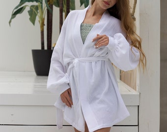 SOPHIE Robe – 100 % Baumwoll-Musselin, oversized Bademantel für Frauen / langer Bademantel mit Puffärmel / Kimono-Robe, Loungewear