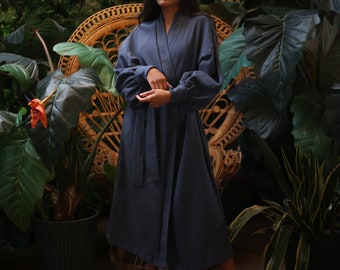 SOPHIE Kimono – Oversized Kimono aus Baumwoll-Musselin mit weiten Puffärmeln / Lange Robe aus Musselin Oversized Damen/ Home Robe Loungewear