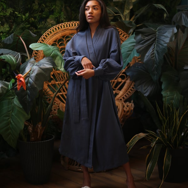 SOPHIE Kimono – Oversized Kimono aus Baumwoll-Musselin mit weiten Puffärmeln / Lange Robe aus Musselin Oversized Damen/ Home Robe Loungewear