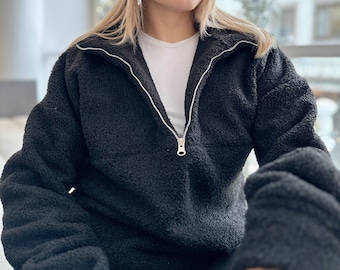 Oversized Sherpa Sweatshirt for Women, Half-Zip with Drop Shoulder, Crafted from Soft Plush Fabric, Super Cozy High-Neck Pullover in Black