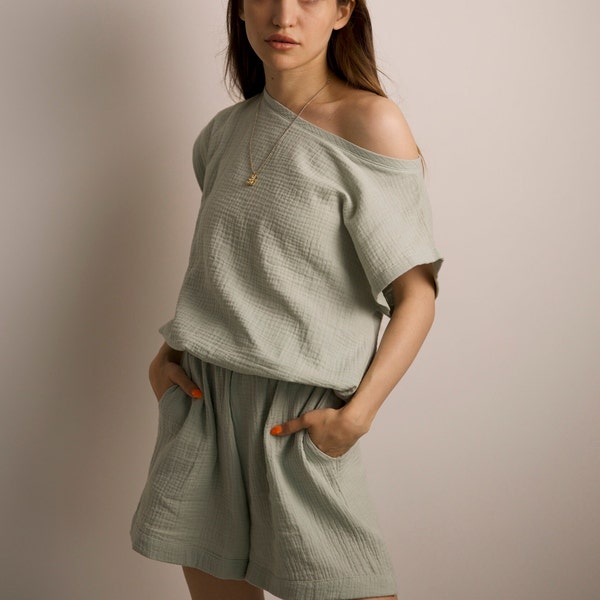 AVA Musselin-Set, Shorts mit hoher Taille und Musselin-T-Shirt für Damen / Nachhaltiger Musselin-Loungewear-Musselin-Pyjama