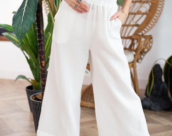 Duurzame mousseline loungewear culotte FLORENE broek met wijde pijpen en elastische taille voor dames, zachte casual broek met hoge taille voor de zomer