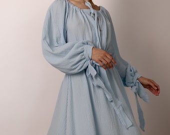 Serene - Robe trapèze midi en mousseline de coton pour femme, larges manches bouffantes, long cercle romantique avec boutons sur le devant et ceinture, robe d'été