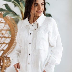 Florene Muslin Cotton Set for Women, Oversized Button Up Shirt and High Waist Casual Pajama, Loungewear Travel Set with Culottes Pant image 5