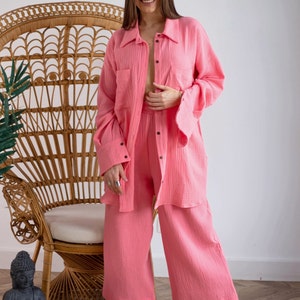 Florene Muslin Cotton Set for Women, Oversized Button Up Shirt and High Waist Casual Pajama, Loungewear Travel Set with Culottes Pant 05 Coral