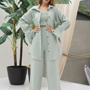 Florene Muslin Cotton Set for Women, Oversized Button Up Shirt and High Waist Casual Pajama, Loungewear Travel Set with Culottes Pant image 6