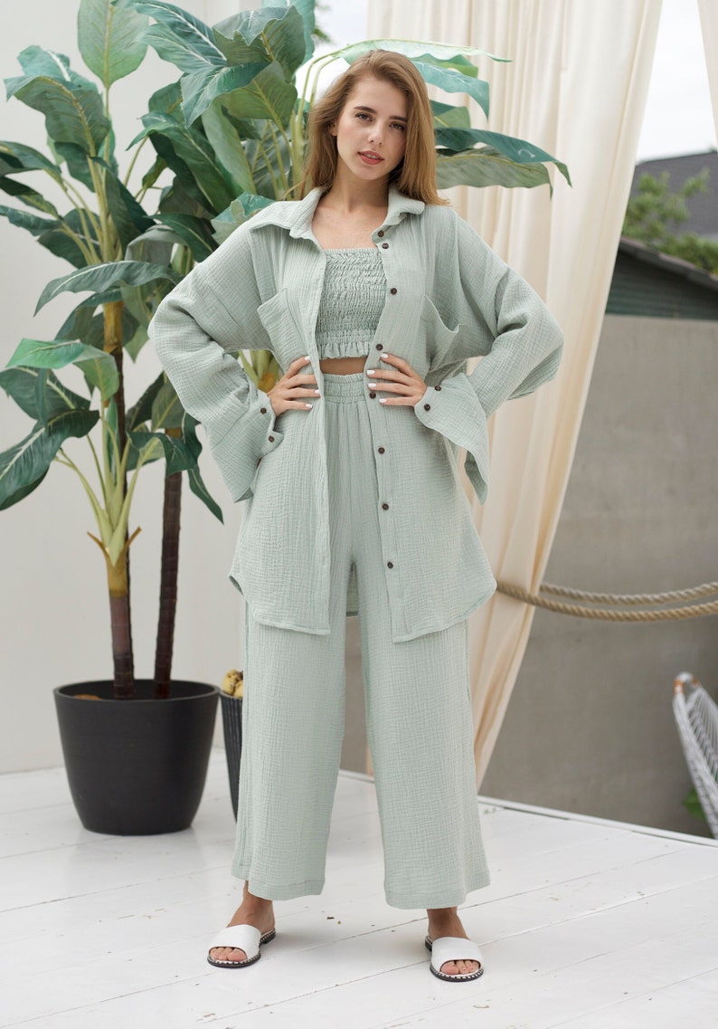 Florene Muslin Cotton Set for Women, Oversized Button Up Shirt and High Waist Casual Pajama, Loungewear Travel Set with Culottes Pant image 6