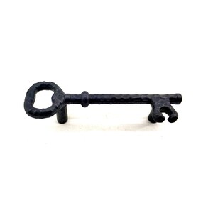 May include: Black metal key-shaped cabinet pull with a textured finish.