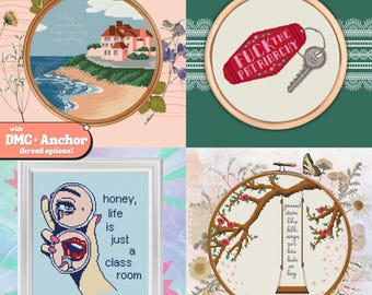 Pop Icon Lyric Pattern Bundle - 4 Digital Cross Stitch Patterns Inspired by Indie Pop Culture - Feminist Sampler Set - Instant Download