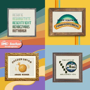 Könnte beinhalten: Vier gerahmte Kreuzstichmuster mit bunter Stickerei. Die Muster beinhalten "Lebenslauf, Wiederkäuen, Groll, Rendezvous, Steckrübe", "Ich hoffe, Sie genießen die Enttäuschung", "Goldene Zwiebel Preisträger", und "Die Stadt Forks heißt Sie willkommen".