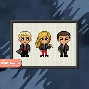 May include: Cross stitch pattern featuring three pixelated characters, a blonde woman with a red shirt and black jacket, a blonde man with a red shirt and black jacket, and a brunette man with a black shirt and jacket. The pattern includes the text "with DMC + Anchor thread options!"