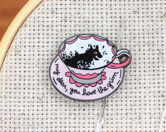 Spooky Tea Leaf Needle Minder - Fortune Teller Cross Stitch Magnet - Witchy Sewing Notion -Small Batch Artist Accessory for Bookish Crafters