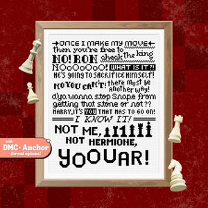 May include: Framed cross-stitch art with a quote from a movie, featuring chess pieces. The text includes phrases like "NO! RON check the king" and "NOT ME, HOT HERMIONE, YOUAR!" The artwork is in black and white.