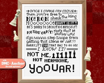 May include: Framed cross-stitch art with a quote from a movie, featuring chess pieces. The text includes phrases like "NO! RON check the king" and "NOT ME, HOT HERMIONE, YOUAR!" The artwork is in black and white.