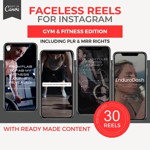 以下が含まれることがあります： ジムやフィットネス事業向けの、インスタグラム用の30個の既製リールを備えたデジタルマーケティング製品。画像は、異なるリールデザインの3つの電話画面を示しています。画面のテキストには、「From Flab to Fab: My Fitness Journey Revealed!」「Unlock Your Fitness Journey」「EnduroDash」が含まれています。画像には、「Faceless Reels for Instagram」「Gym & Fitness Edition」「Including PLR & MRR Rights」「With Ready Made Content」というテキストも含まれています。