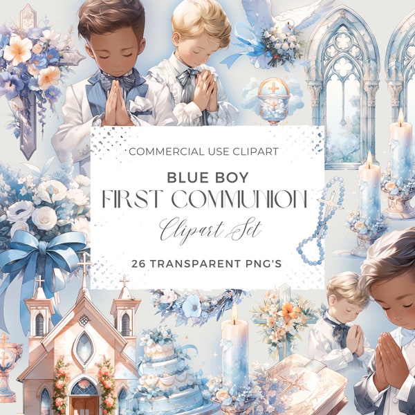 First Communion Clipart, Watercolor Illustrations First Communion for Boys, Blue Flowers, Religion, Bible, Rosary, Church, Cross, Dove, PNG