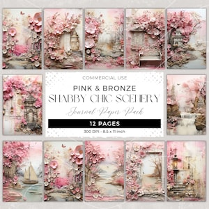Pink & Bronze Shabby Chic Scenery Junk Journal Pages, 3D Scrapbook Ephemera Printable Paper, Mixed Media Digital Paper, Scrapbooking JPG