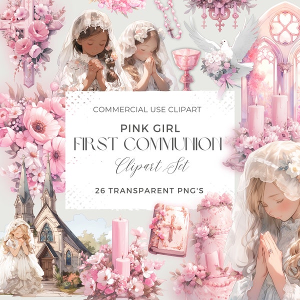 First Communion Clipart, Watercolor Illustrations First Communion for Girls, Pink Flowers, Religion, Bible, Rosary, Church, Cross, Dove, PNG