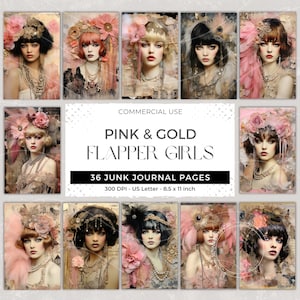 1920s Flapper Girls Junk Journal Paper, Printable Ephemera Journaling Pages, 3D Digital Mixed Media, Decoupage, Pink & Gold Scrapbooking JPG