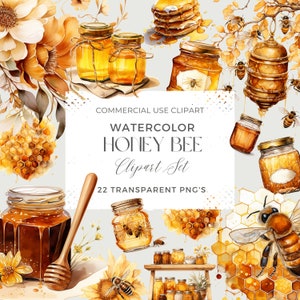 Watercolor Honey Bee Clipart, Commercial License, Bee Hive illustration, Honey Jar PNG, Bee Honey Flower, Pancakes, Honey Labels, Bumble Bee