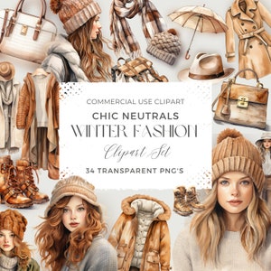Chic Neutrals Winter Fashion Clipart, Commercial License, Watercolor Fashion Girls, Female Winter Clothes PNG, Woman's Fashion Accessories