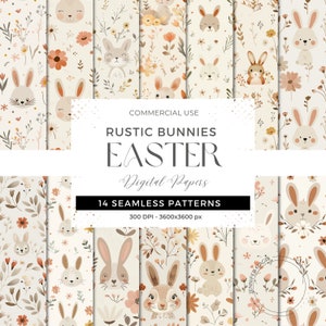 Rustic Easter Bunnies Seamless Pattern, Rustic Easter Digital Paper, Easter Rabbits Paper, Easter Floral Pattern, Boho Rustic Easter Egg PNG