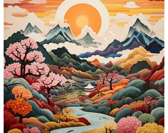 Charming Aurora: Folk Art Sunrise Over Snowy Peaks and Meadows | AI Digital Wall Folk Art