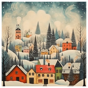 Winter&#39;s Peace: Cozy Village Blanketed in Snow and Hearthfire Smoke | AI Digital Wall American Folk Art