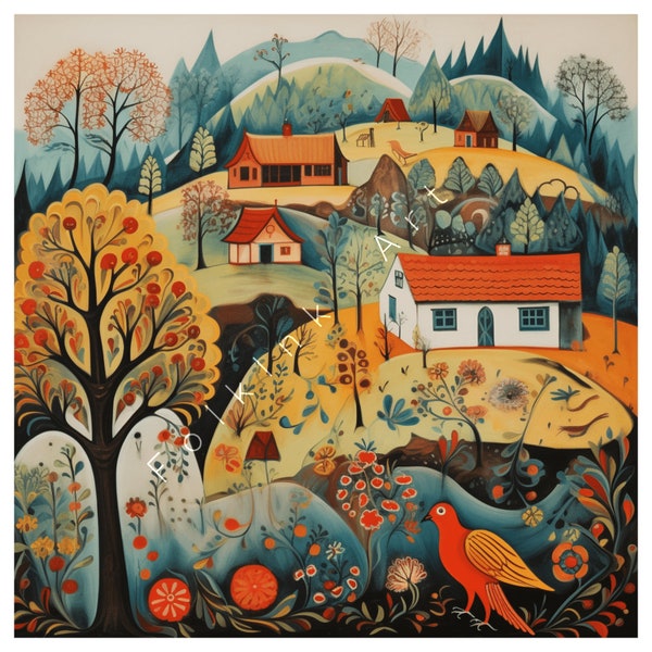 Folklore in Pixels:  Portraits of a Peaceful Village in the Fall | AI Digital Wall Art | Folk Art | Naive Art