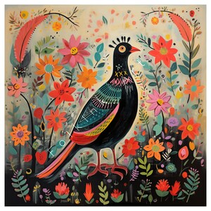 Blooms and Feathers: Colorful Bird in Vibrant Slavic-Flavored Folk Art | AI Digital Wall Art
