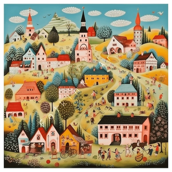 Village Haven:  AI Digital Folk Art Depicting a Calm Village and Community Bond | Village Folk Art | Fall Art