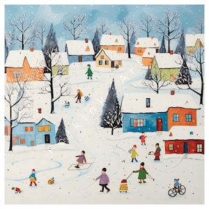 Festive Frolics: Idyllic Village Adventures in Winter&#39;s Embrace | AI Digital Wall Folk Art