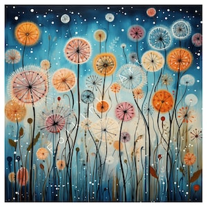 Playful Petals: Naive Folk Art Depicting Colorful Dandelion Magic | AI Digital Wall Folk Art for Nature Lovers