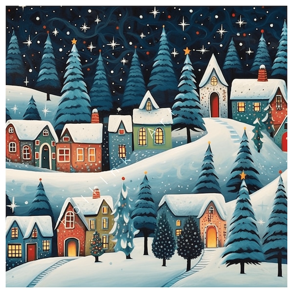 Starry Night in the Christmas Village: Folk Art Village Immersed in Winter's Charm | AI Digital Wall American Folk Art